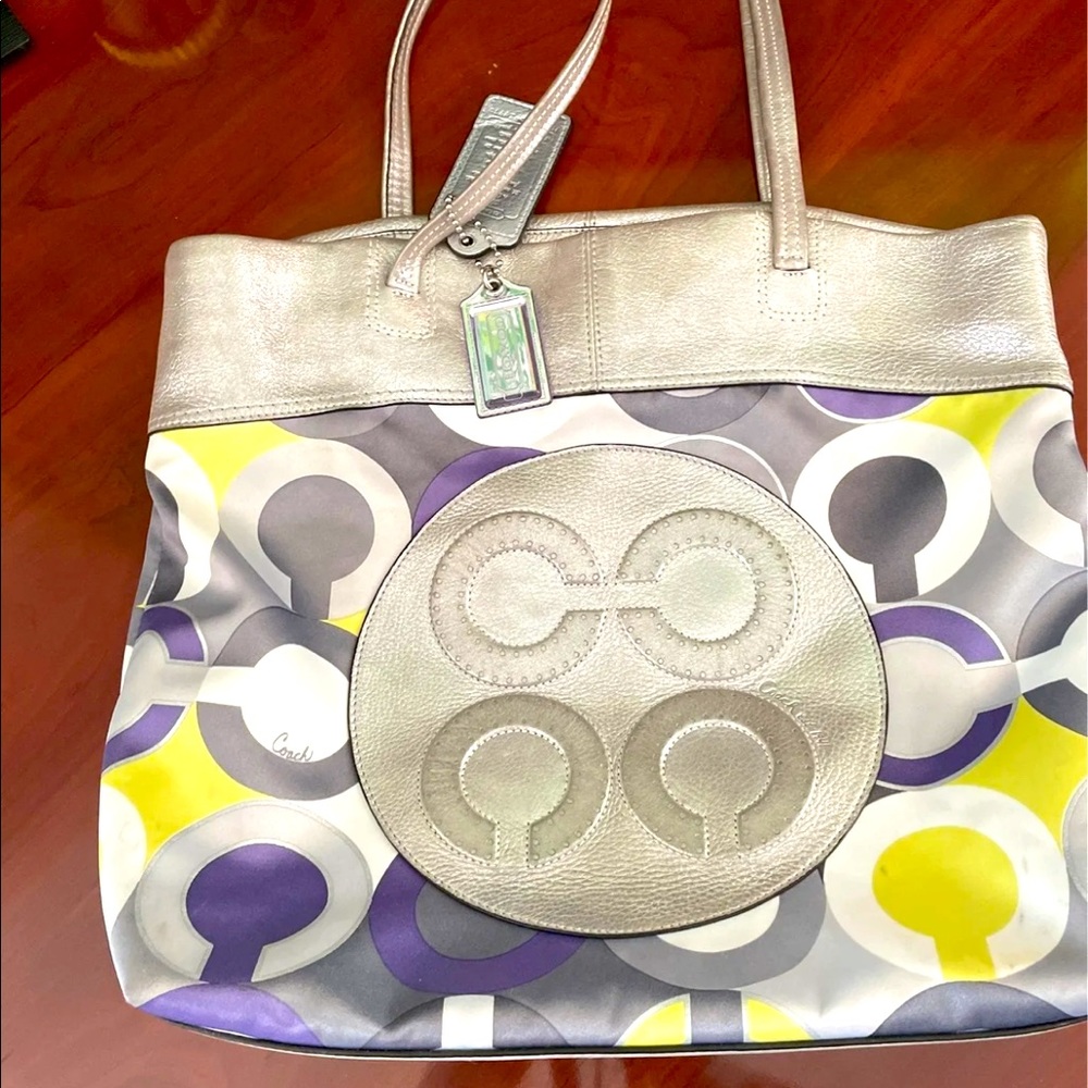Coach Silver, gray, lilac and lime canvas signature medium size tote